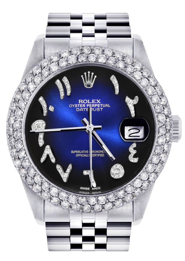 Mens Rolex Datejust Watch 16200 | 36Mm | Blue Black Arabic Diamond Dial | Two Row 4.25 Carat Bezel | Jubilee Band