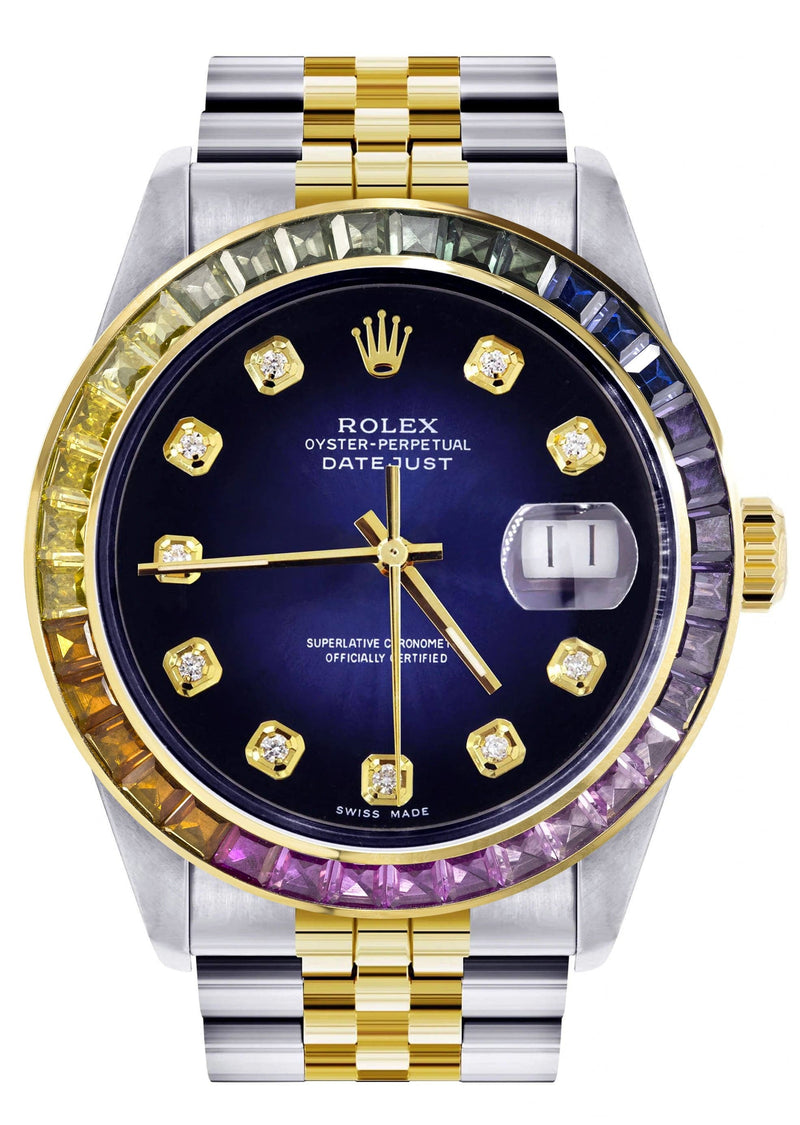Diamond Gold Rolex Watch For Men 16233 | 36Mm | Rainbow Sapphire Bezel | Blue Black Dial | Jubilee Band