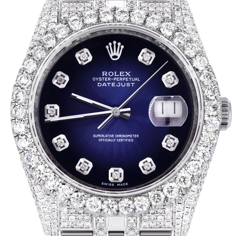 Iced Out Rolex Datejust 36 MM | Stainless Steel | 16.5 Carats of Diamonds | Blue Black Diamond Dial | Jubilee Band | Model 116200