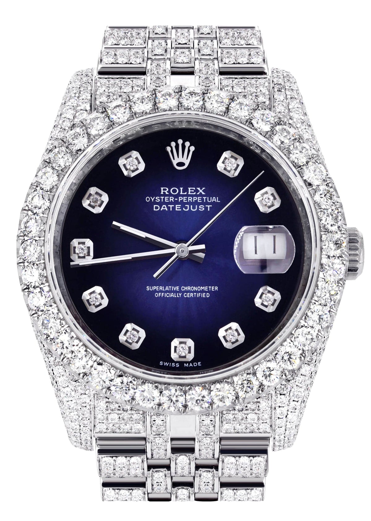 Iced Out Rolex Datejust 36 MM | Stainless Steel | 16.5 Carats of Diamonds | Blue Black Diamond Dial | Jubilee Band | Model 116200