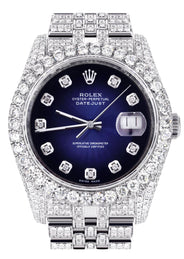 Iced Out Rolex Datejust 36 MM | Stainless Steel | 16.5 Carats of Diamonds | Blue Black Diamond Dial | Jubilee Band | Model 116200