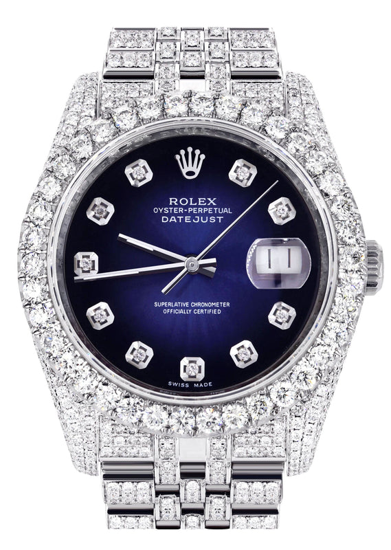 Iced Out Rolex Datejust 36 MM | Stainless Steel | 16.5 Carats of Diamonds | Blue Black Diamond Dial | Jubilee Band | Model 116200