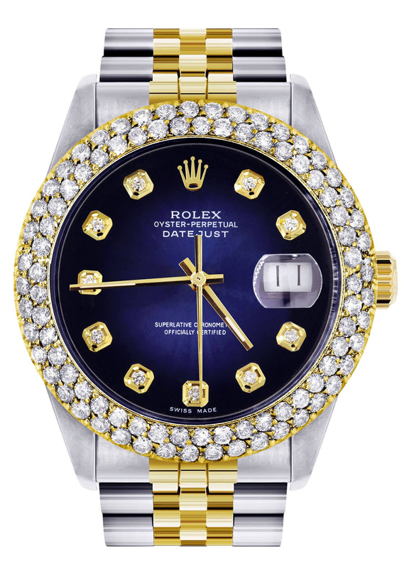 Diamond Gold Rolex Watch For Men 16233 | 36Mm | Blue Black Dial | Two Row 4.25 Carat Bezel | Jubilee Band
