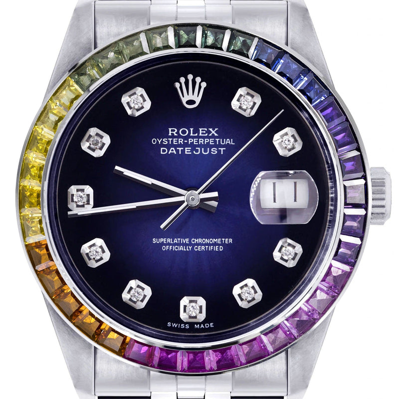 Diamond Gold Rolex Watch For Men 16200 | 36Mm | Rainbow Sapphire Bezel | Blue Black Dial | Jubilee Band