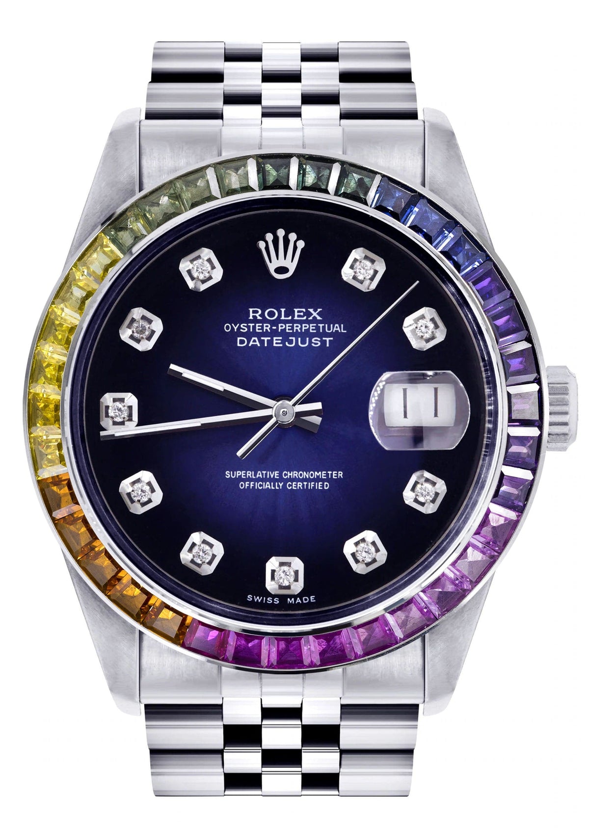 Diamond Gold Rolex Watch For Men 16200 | 36Mm | Rainbow Sapphire Bezel | Blue Black Dial | Jubilee Band