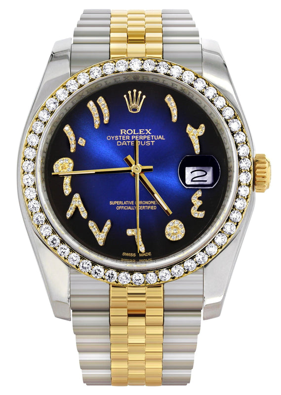 116233 | Hidden Clasp | Gold & Steel Rolex Datejust Watch | 36Mm | Blue Black Arabic Diamond Dial | Jubilee Band