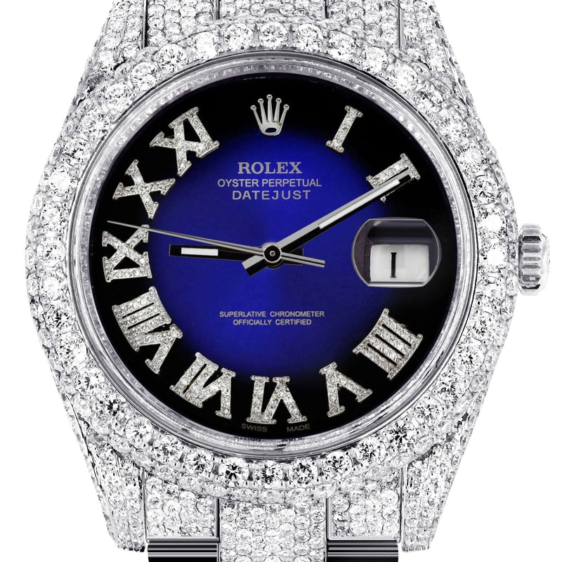 Diamond Iced Out Rolex Datejust 41 | 25 Carats Of Diamonds | Custom Blue Black Roman Numeral Diamond Dial | Two Row | Oyster Band