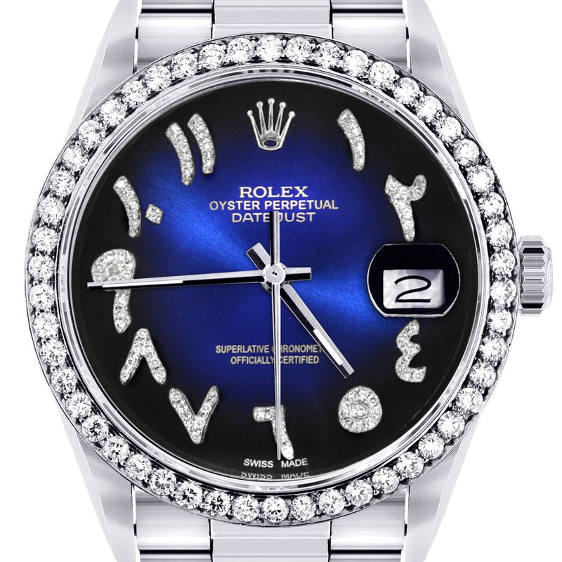 Diamond Mens  Rolex Datejust Watch 16200 | 36Mm | Blue Black Arabic Diamond Dial | Oyster Band