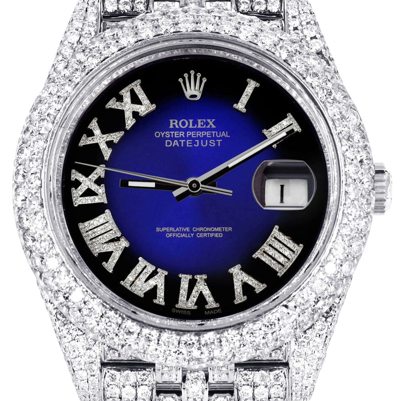 Womens Diamond Iced Out Rolex Datejust 41 | 25 Carats Of Diamonds | Custom Blue Black Roman Numeral Diamond Dial | Two Row | Jubilee Band