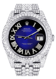 Womens Diamond Iced Out Rolex Datejust 41 | 25 Carats Of Diamonds | Custom Blue Black Roman Numeral Diamond Dial | Two Row | Jubilee Band