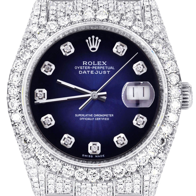 Iced Out Rolex Datejust 36 MM | Stainless Steel | 16.5 Carats of Diamonds | Blue Black Diamond Dial | Oyster Band | Model 116200