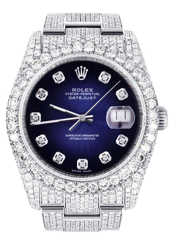 Iced Out Rolex Datejust 36 MM | Stainless Steel | 16.5 Carats of Diamonds | Blue Black Diamond Dial | Oyster Band | Model 116200