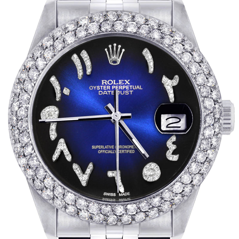 Womens Rolex Datejust Watch 16200 | 36Mm | Blue Black Arabic Diamond Dial | Two Row 4.25 Carat Bezel | Jubilee Band