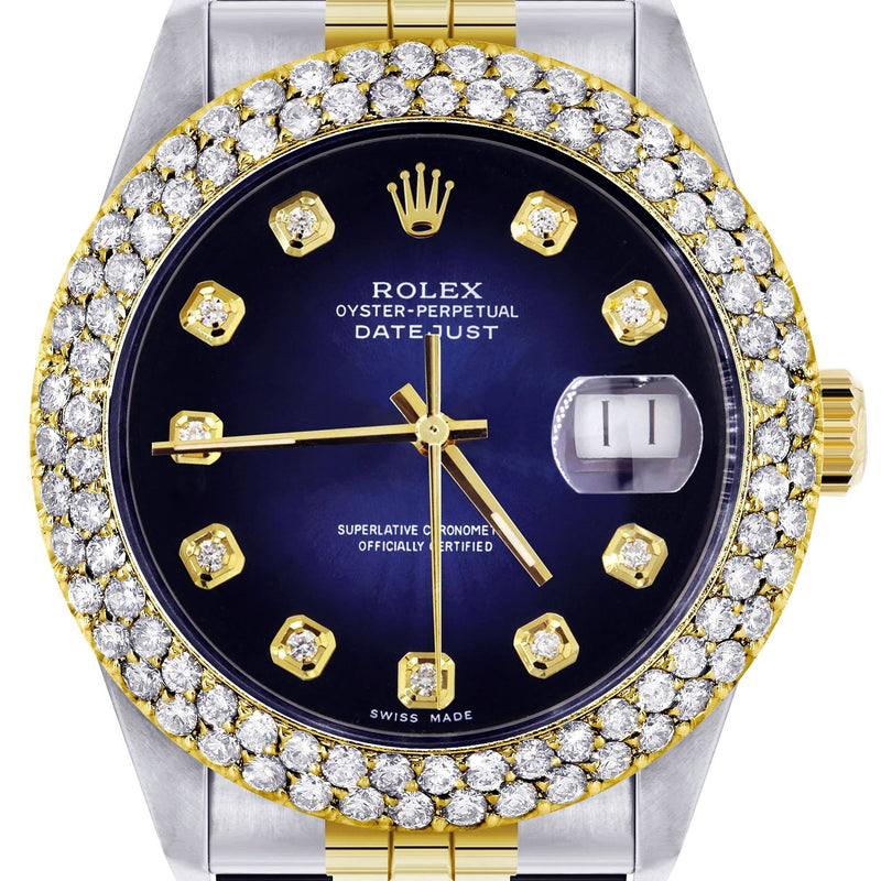 Diamond Gold Rolex Watch For Women 16233 | 36Mm | Blue Black Dial | Two Row 4.25 Carat Bezel | Jubilee Band