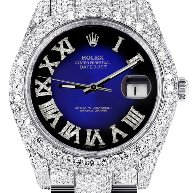 Womens Diamond Iced Out Rolex Datejust 41 | 25 Carats Of Diamonds | Custom Blue Black Roman Numeral Diamond Dial | Two Row | Oyster Band