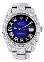 Womens Diamond Iced Out Rolex Datejust 41 | 25 Carats Of Diamonds | Custom Blue Black Roman Numeral Diamond Dial | Two Row | Oyster Band
