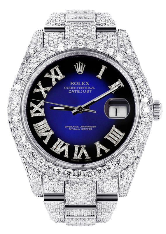 Womens Diamond Iced Out Rolex Datejust 41 | 25 Carats Of Diamonds | Custom Blue Black Roman Numeral Diamond Dial | Two Row | Oyster Band
