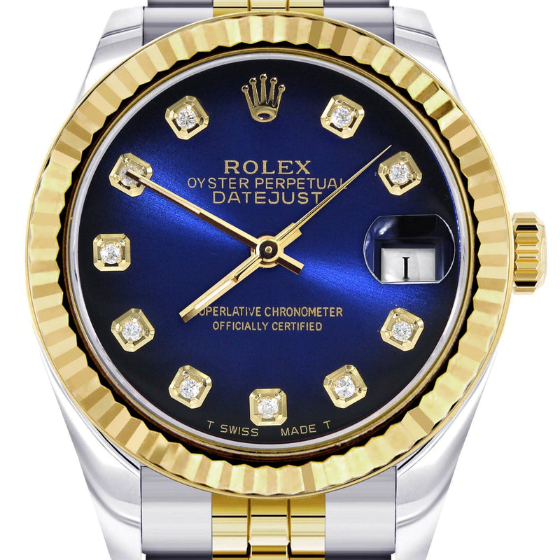 Diamond Gold Rolex Watch | 68273 | Fluted Bezel | 31MM | Blue Black Diamond Dial | Jubilee Band