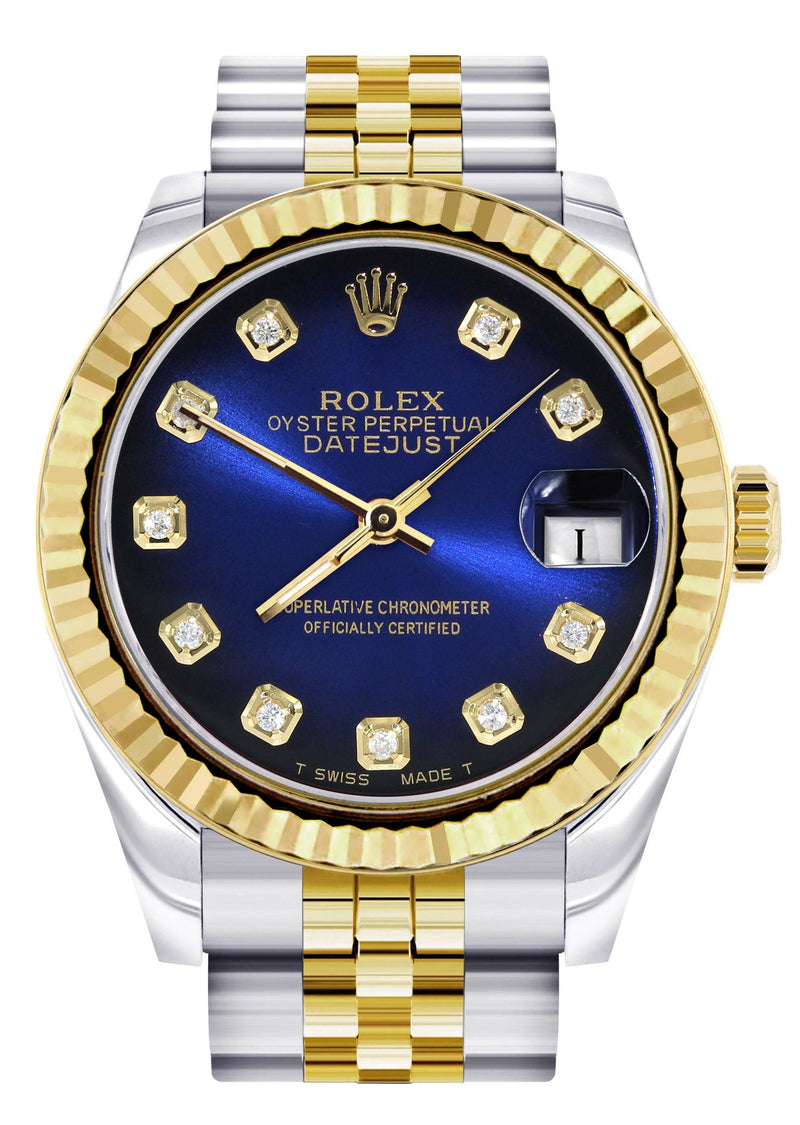 Diamond Gold Rolex Watch | 68273 | Fluted Bezel | 31MM | Blue Black Diamond Dial | Jubilee Band