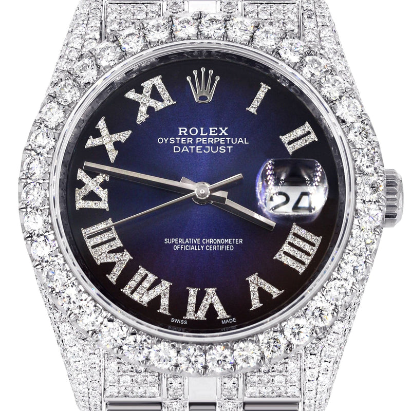 Iced Out Rolex Datejust 36 MM | Stainless Steel | 16.5 Carats of Diamonds | Blue Black Roman Diamond Dial | Jubilee Band