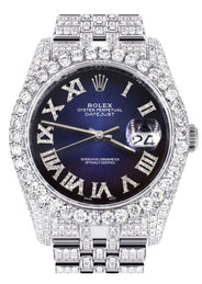 Iced Out Rolex Datejust 36 MM | Stainless Steel | 16.5 Carats of Diamonds | Blue Black Roman Diamond Dial | Jubilee Band