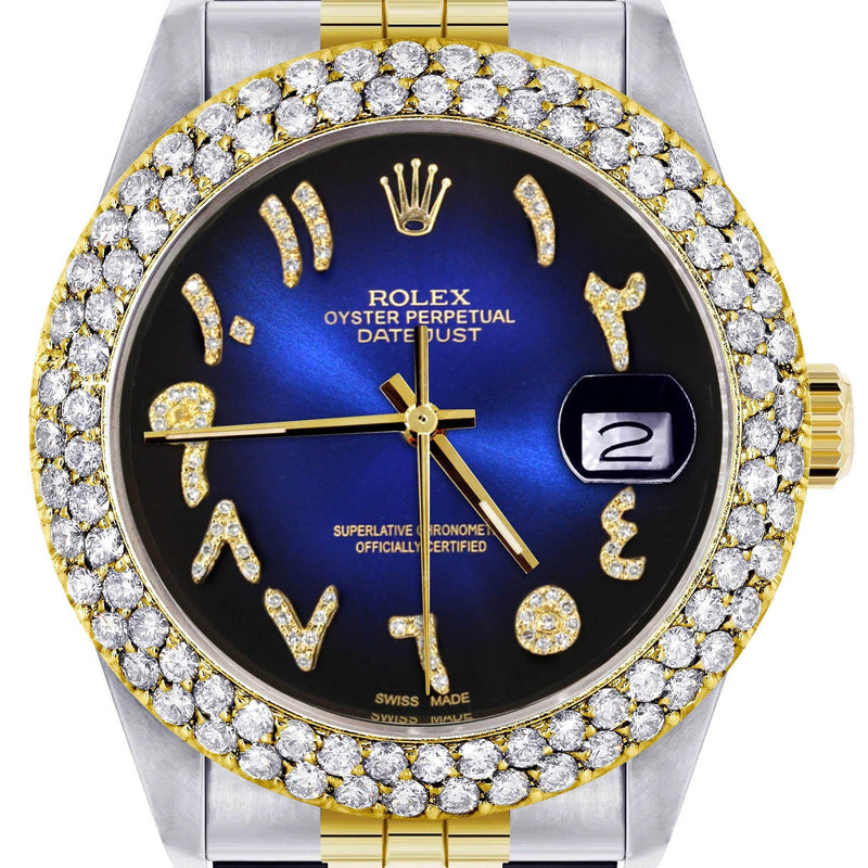 Diamond Gold Rolex Watch For Women 16233 | 36Mm | Blue Black Arabic Diamond Dial | Two Row 4.25 Carat Bezel | Jubilee Band