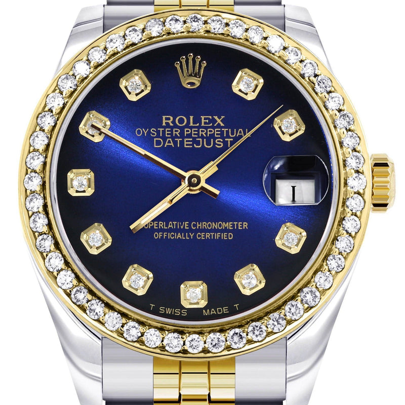 Diamond Gold Rolex Watch | 68273 |Diamond Bezel | 31MM | Blue Black Dial | Jubilee Band