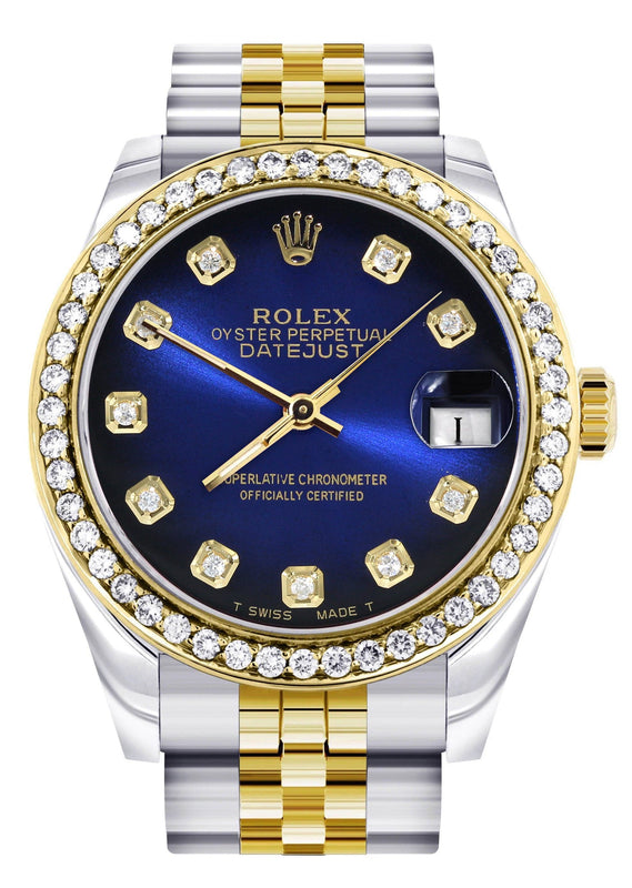 Diamond Gold Rolex Watch | 68273 |Diamond Bezel | 31MM | Blue Black Dial | Jubilee Band