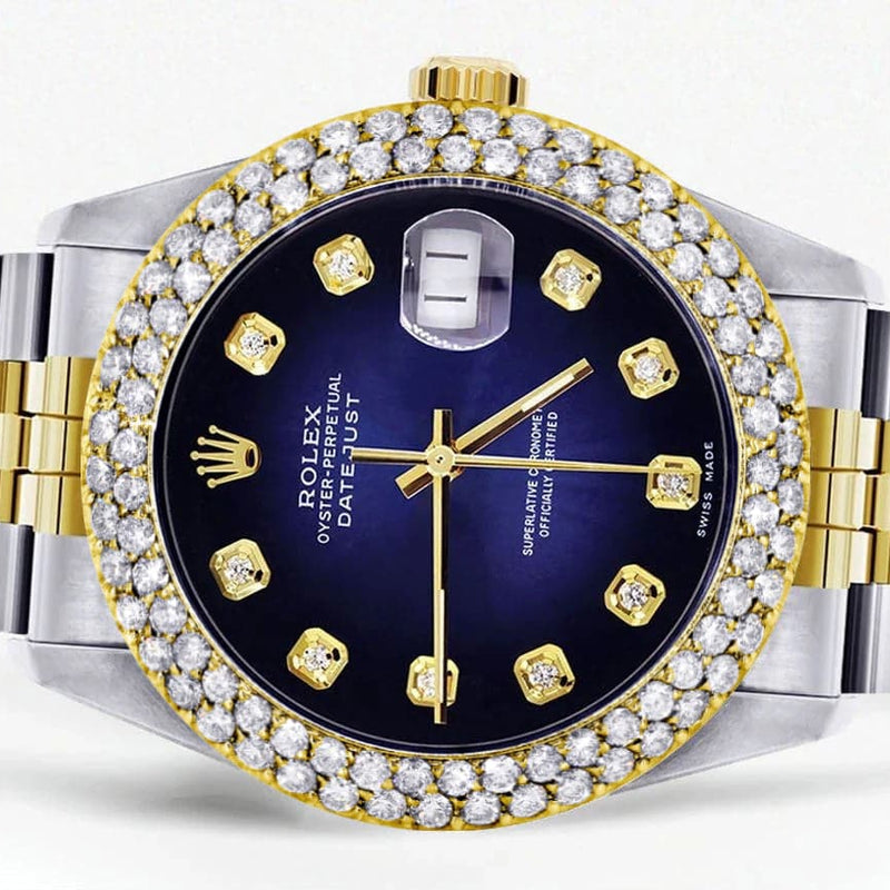 Diamond Gold Rolex Watch For Men 16233 | 36Mm | Blue Black Dial | Two Row 4.25 Carat Bezel | Jubilee Band