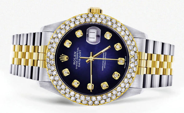 Diamond Gold Rolex Watch For Men 16233 | 36Mm | Blue Black Dial | Two Row 4.25 Carat Bezel | Jubilee Band