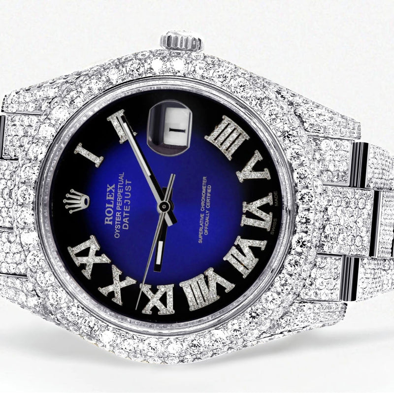 Womens Diamond Iced Out Rolex Datejust 41 | 25 Carats Of Diamonds | Custom Blue Black Roman Numeral Diamond Dial | Two Row | Oyster Band