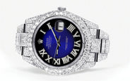 Womens Diamond Iced Out Rolex Datejust 41 | 25 Carats Of Diamonds | Custom Blue Black Roman Numeral Diamond Dial | Two Row | Oyster Band