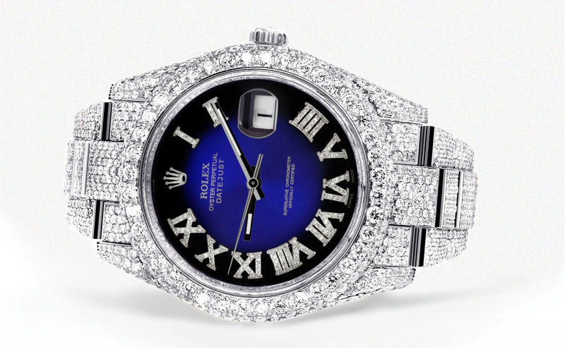 Womens Diamond Iced Out Rolex Datejust 41 | 25 Carats Of Diamonds | Custom Blue Black Roman Numeral Diamond Dial | Two Row | Oyster Band