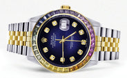 Diamond Gold Rolex Watch For Men 16233 | 36Mm | Rainbow Sapphire Bezel | Blue Black Dial | Jubilee Band