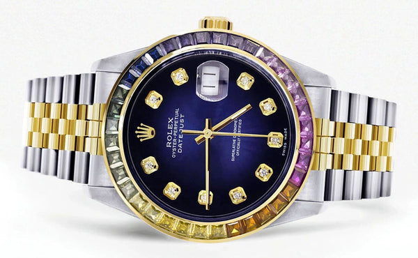 Diamond Gold Rolex Watch For Men 16233 | 36Mm | Rainbow Sapphire Bezel | Blue Black Dial | Jubilee Band