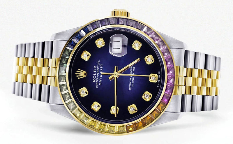Diamond Gold Rolex Watch For Men 16233 | 36Mm | Rainbow Sapphire Bezel | Blue Black Dial | Jubilee Band