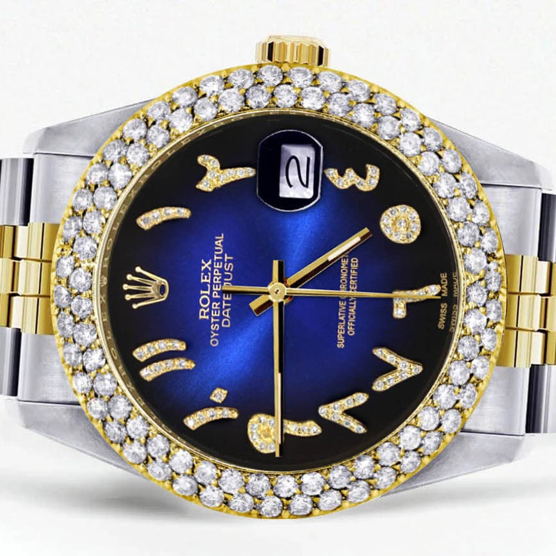 Diamond Gold Rolex Watch For Women 16233 | 36Mm | Blue Black Arabic Diamond Dial | Two Row 4.25 Carat Bezel | Jubilee Band