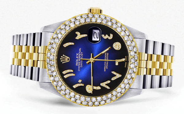 Diamond Gold Rolex Watch For Women 16233 | 36Mm | Blue Black Arabic Diamond Dial | Two Row 4.25 Carat Bezel | Jubilee Band