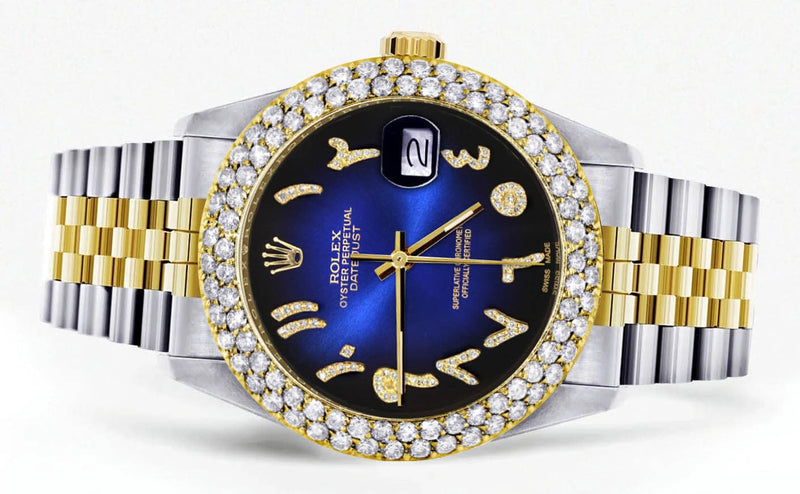 Diamond Gold Rolex Watch For Women 16233 | 36Mm | Blue Black Arabic Diamond Dial | Two Row 4.25 Carat Bezel | Jubilee Band