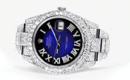 Diamond Iced Out Rolex Datejust 41 | 25 Carats Of Diamonds | Custom Blue Black Roman Numeral Diamond Dial | Two Row | Oyster Band