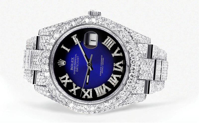 Diamond Iced Out Rolex Datejust 41 | 25 Carats Of Diamonds | Custom Blue Black Roman Numeral Diamond Dial | Two Row | Oyster Band
