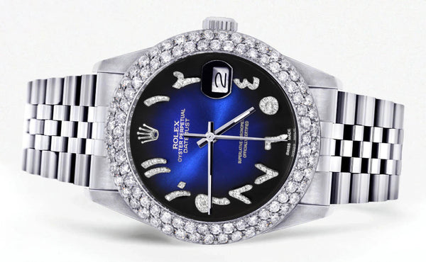 Mens Rolex Datejust Watch 16200 | 36Mm | Blue Black Arabic Diamond Dial | Two Row 4.25 Carat Bezel | Jubilee Band