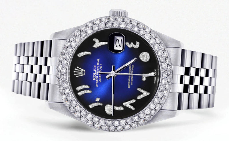 Mens Rolex Datejust Watch 16200 | 36Mm | Blue Black Arabic Diamond Dial | Two Row 4.25 Carat Bezel | Jubilee Band