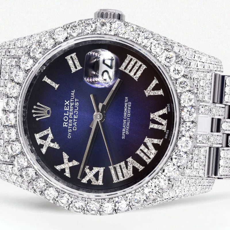 Iced Out Rolex Datejust 36 MM | Stainless Steel | 16.5 Carats of Diamonds | Blue Black Roman Diamond Dial | Jubilee Band