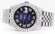 Iced Out Rolex Datejust 36 MM | Stainless Steel | 16.5 Carats of Diamonds | Blue Black Roman Diamond Dial | Jubilee Band