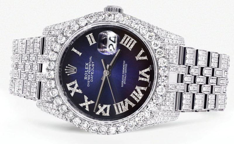 Iced Out Rolex Datejust 36 MM | Stainless Steel | 16.5 Carats of Diamonds | Blue Black Roman Diamond Dial | Jubilee Band