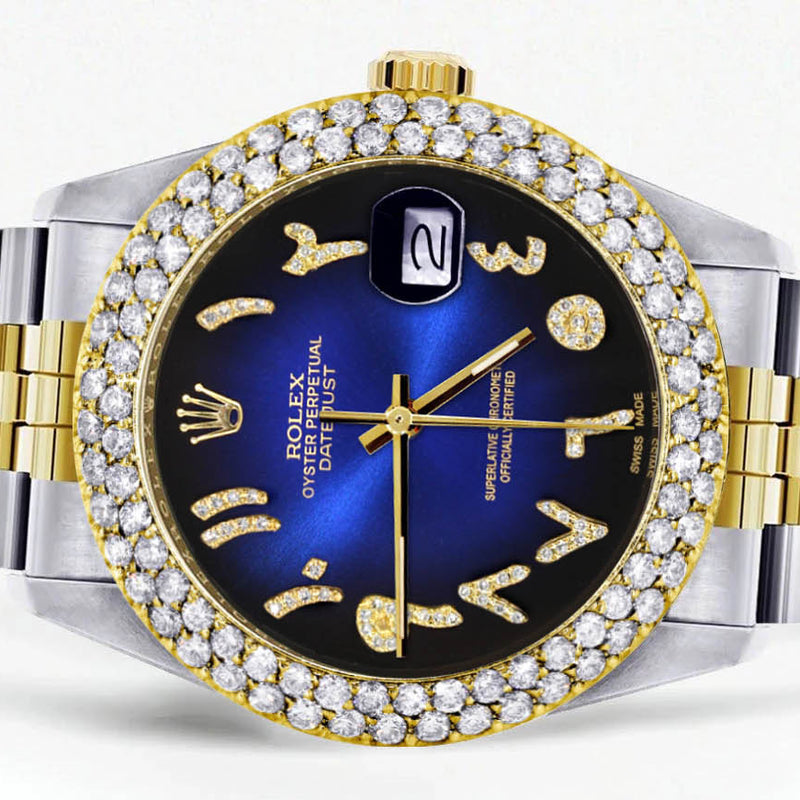 Diamond Gold Rolex Watch For Men 16233 | 36Mm | Blue Black Arabic Diamond Dial | Two Row 4.25 Carat Bezel | Jubilee Band