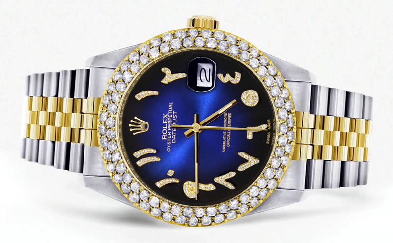 Diamond Gold Rolex Watch For Men 16233 | 36Mm | Blue Black Arabic Diamond Dial | Two Row 4.25 Carat Bezel | Jubilee Band