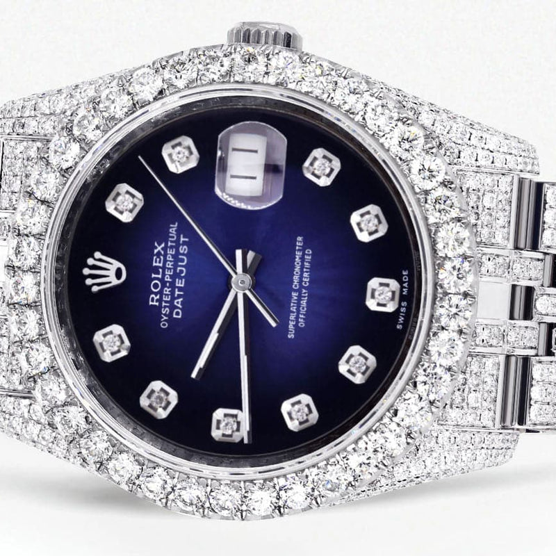 Iced Out Rolex Datejust 36 MM | Stainless Steel | 16.5 Carats of Diamonds | Blue Black Diamond Dial | Jubilee Band | Model 116200
