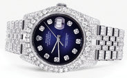 Iced Out Rolex Datejust 36 MM | Stainless Steel | 16.5 Carats of Diamonds | Blue Black Diamond Dial | Jubilee Band | Model 116200